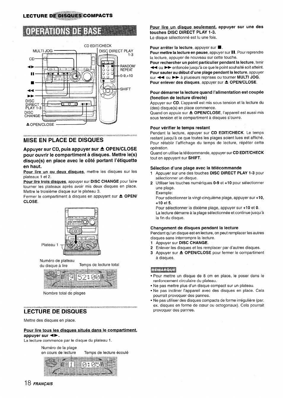 Mise en place de disques, Lecture de disques, Pour vérifier le temps restant | Sélection d’une plage avec la télécommande, Changement de disques pendant la lecture | Aiwa NSX-A888 User Manual | Page 78 / 92