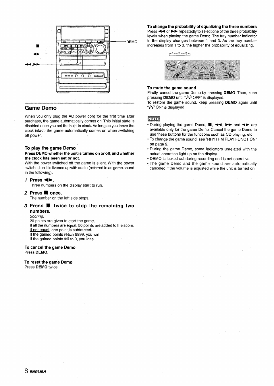 Game demo, To play the game demo, 1 press | 2 press ■ once, 3 press ■ twice to stop the remaining two numbers, To cancel the game demo press demo, To reset the game demo press demo twice, To mute the game sound | Aiwa NSX-A888 User Manual | Page 8 / 92