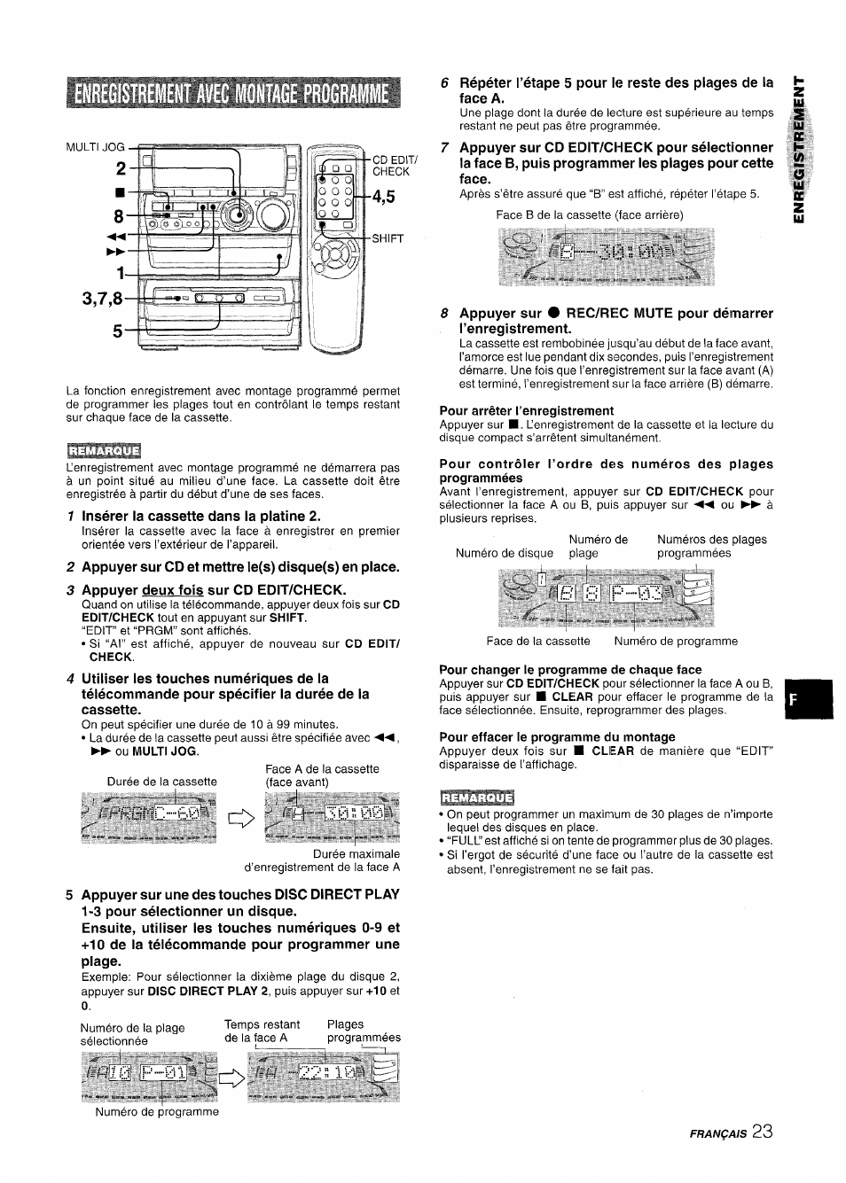 Enregistreivient avec montage programme, Prhmc btì, B .■.3i;:i ;; 0'0 | Pour arrêter l’enregistrement, B s f’ 03, Pour changer le programme de chaque face, Pour effacer le programme du montage, B s f, Prhmc.btì' o, Rï0 f | Aiwa NSX-A888 User Manual | Page 83 / 92