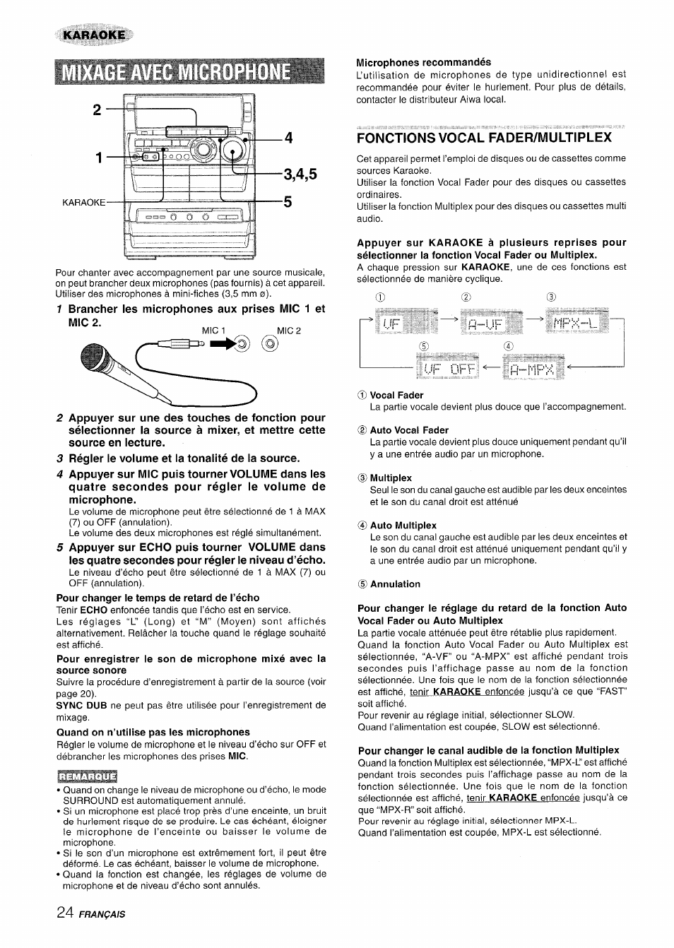 Microphones recommandés, Fonctions vocal fader/multiplex, Vocal fader | 2) auto vocal fader, 3) multiplex, Auto multiplex, Annulation, Karaoke 3,4,5 -5 | Aiwa NSX-A888 User Manual | Page 84 / 92