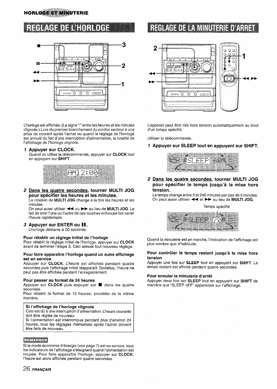 Reglage de la minuterie d'arret, 1 appuyer sur clock, 1 appuyer sur sleep tout en appuyant sur shift | Sleep 60, 3 appuyer sur enter ou ii, Pour passer au format de 24 heures, Si l’affichage de l’horloge clignote, Pour annuler la minuterie d’arrêt, Horloge et minuterie, Remarque | Aiwa NSX-A888 User Manual | Page 86 / 92