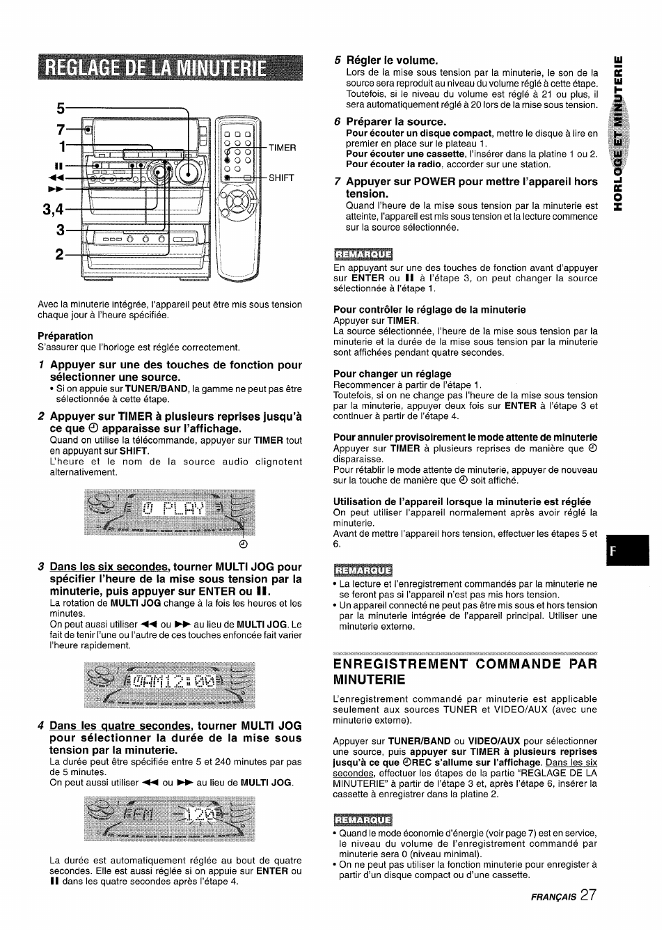 Reglage de la minuteri, Préparation, Pour contrôler le réglage de la minuterie | Pour changer un réglage, Enregistrement commande par minuterie, Remarque | Aiwa NSX-A888 User Manual | Page 87 / 92