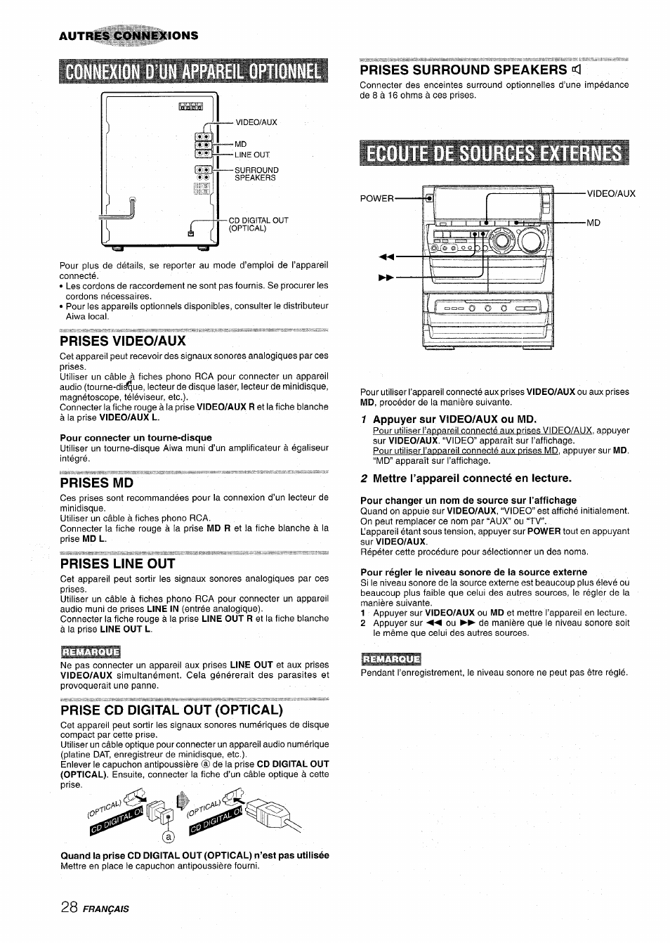 Il optionnel, Prises video/aux, Prises md | Prises line out, Prises surround speakers, E sources externes, 1 appuyer sur video/aux ou md, 2 mettre l’appareil connecté en lecture, Prise cd digital out (optical), Autres connexions | Aiwa NSX-A888 User Manual | Page 88 / 92