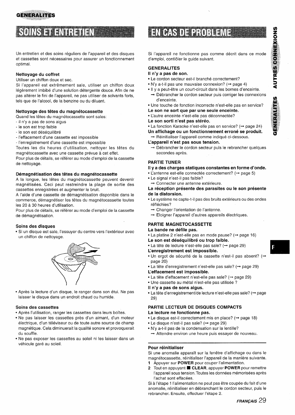 Nettoyage du coffret, Nettoyage des têtes du magnétocassette, Démagnétisation des têtes du magnétocassette | Soins des disques, Soins des cassettes, Generalites il n’y a pas de son, Partie tuner, Partie magnetocassette la bande ne défile pas, Pour réinitialiser, Generalites | Aiwa NSX-A888 User Manual | Page 89 / 92