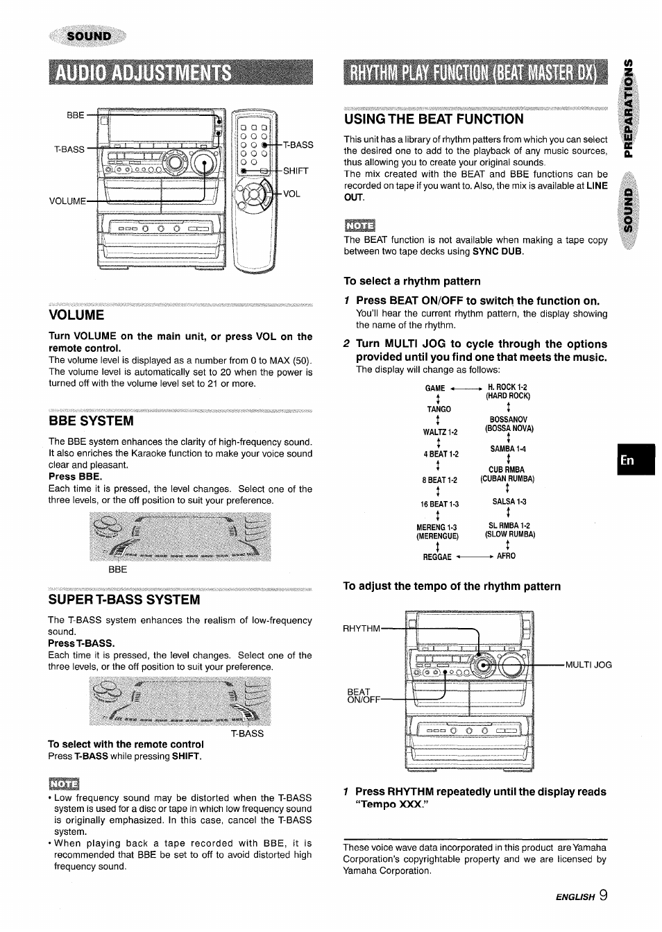 Volume, Bbe system, Press bbe | Super t-bass system, Press t-bass, Using the beat function, To select a rhythm pattern, 1 press beat on/off to switch the function on, To adjust the tempo of the rhythm pattern, F press rhythm repeatedly until the display reads | Aiwa NSX-A888 User Manual | Page 9 / 92