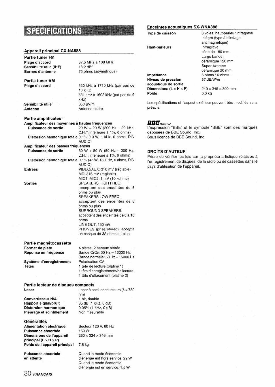 Enceintes acoustiques sx-wna888, Appareii principal cx-na888, Partie amplificateur | Droits d’auteur | Aiwa NSX-A888 User Manual | Page 90 / 92
