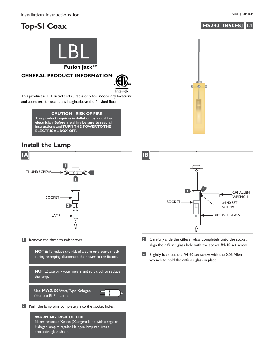 LBL Lighting Top-SI Coax User Manual | 4 pages