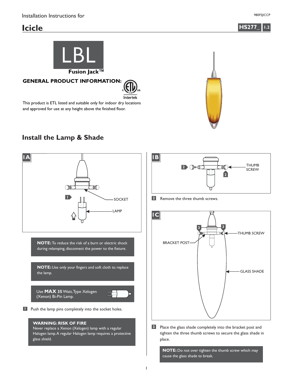 LBL Lighting Icicle P User Manual | 4 pages