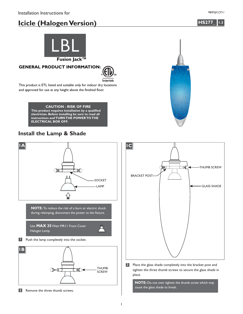 LBL Lighting Icicle P11 User Manual | 4 pages