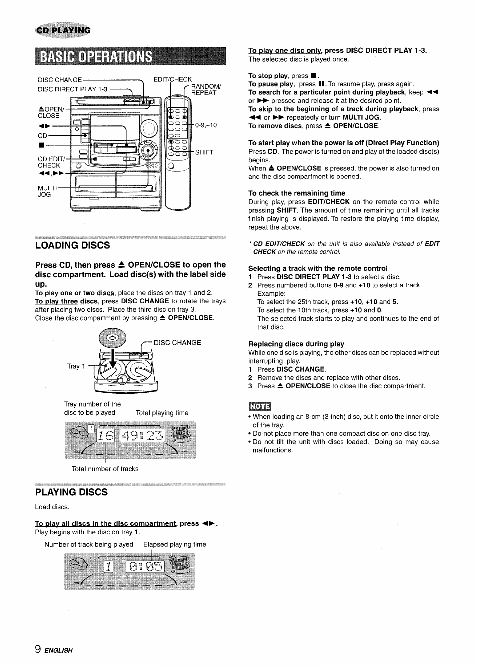 Peratio, Loading discs, To play one disc only, press disc direct play 1-3 | To check the remaining time, Selecting a track with the remote control, Replacing discs during play, Playing discs, To play all discs in the disc compartment, press, Peratio i, Cd playing | Aiwa NSX-A508 User Manual | Page 10 / 68