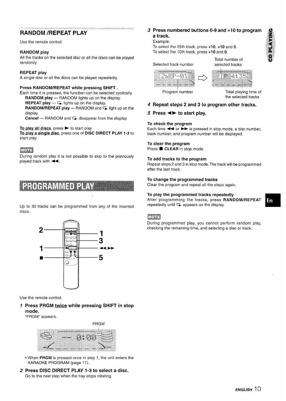 Randoivi /repeat play, Random play, Repeat play | Press random/repeat while pressing shift, 4 repeat steps 2 and 3 to program other tracks, 5 press ◄ ► to start play, To check the program, To add tracks to the program, To change the programmed tracks, To play the programmed tracks repeatedly | Aiwa NSX-A508 User Manual | Page 11 / 68