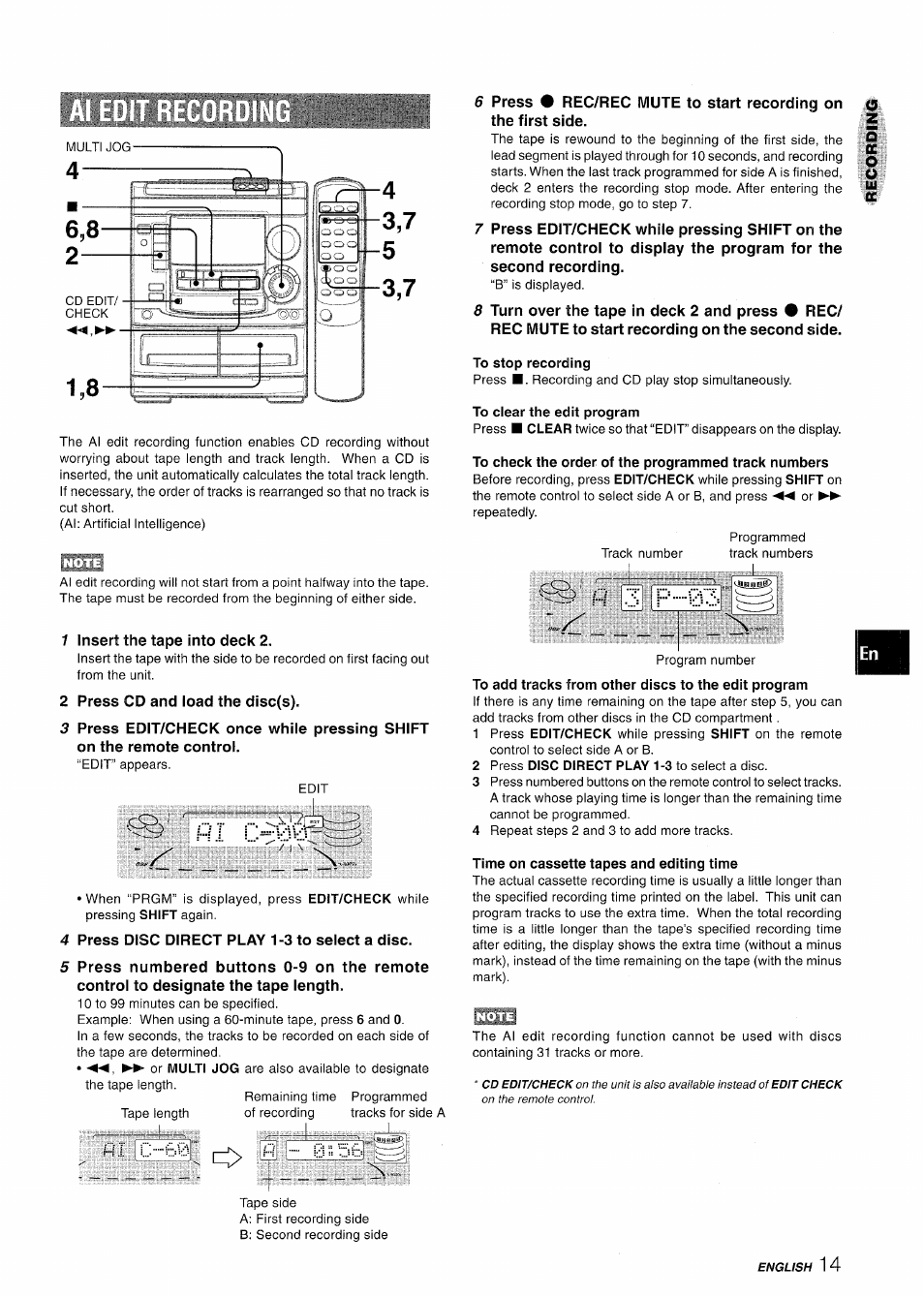 To stop recording, To clear the edit program, To check the order of the programmed track numbers | Time on cassette tapes and editing time, Ml c m | Aiwa NSX-A508 User Manual | Page 15 / 68