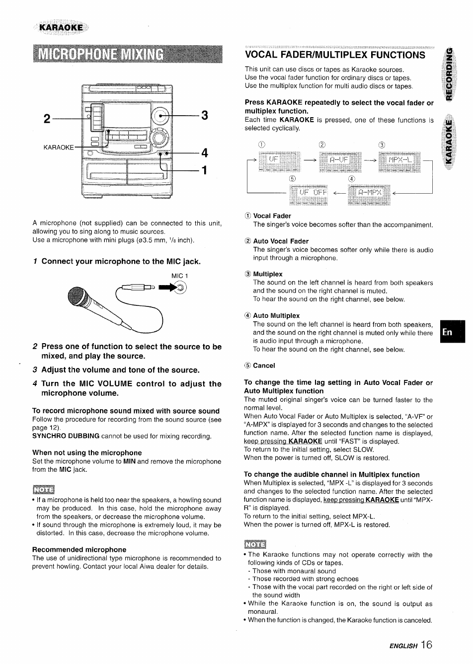 Vocal fader/multiplex functions, 1 connect your microphone to the mic jack, 3 adjust the volume and tone of the source | To record microphone sound mixed with source sound, Vocal fader, D multiplex, Auto multiplex, Cancel | Aiwa NSX-A508 User Manual | Page 17 / 68