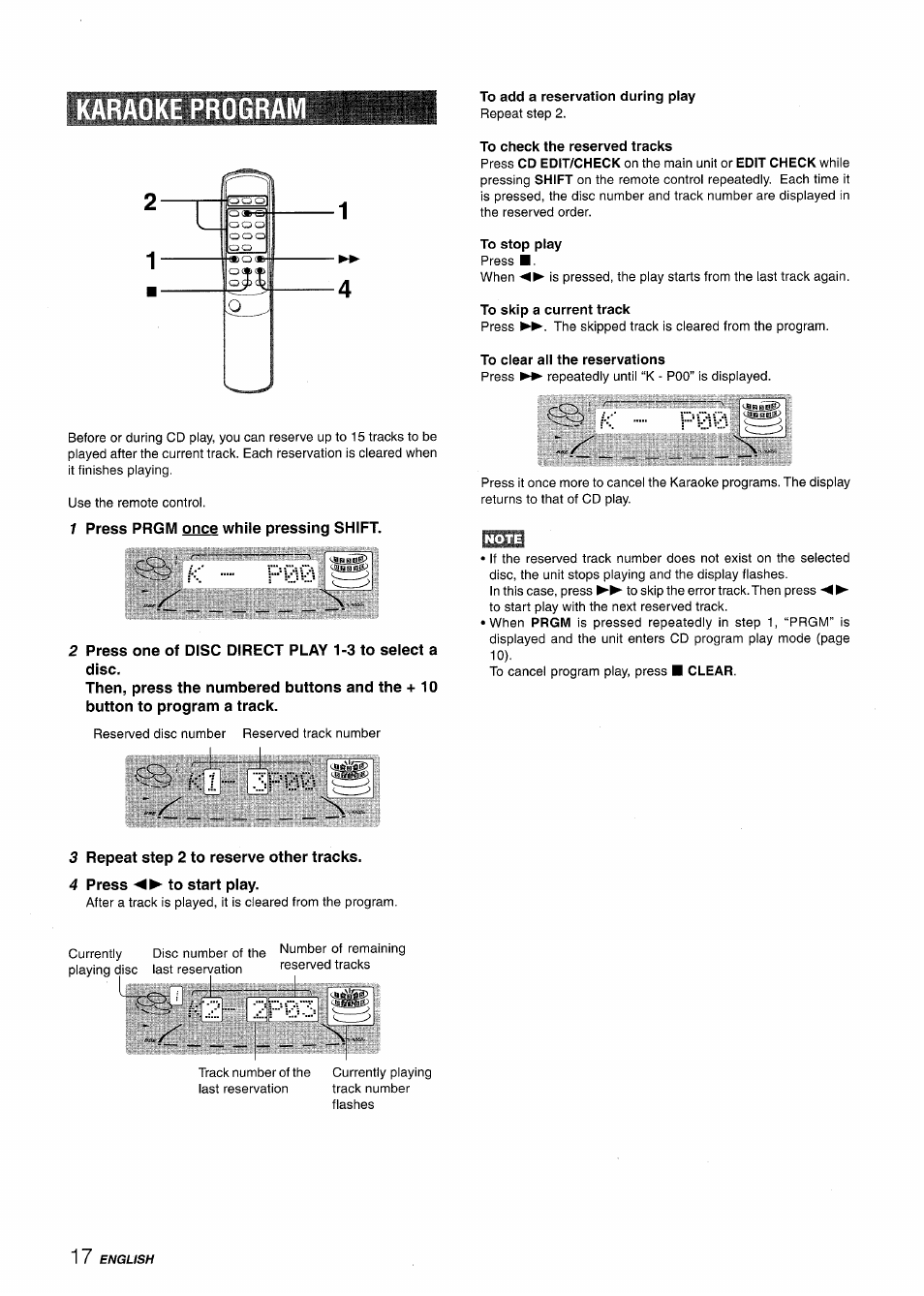 Karaoke progra, 1 press prgm once while pressing shift, To add a reservation during play | To check the reserved tracks, To stop play, To clear all the reservations, 3 repeat step 2 to reserve other tracks, 4 press to start play, Karaoke program, Karaoke progra i | Aiwa NSX-A508 User Manual | Page 18 / 68