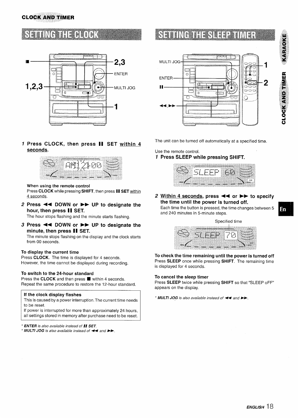 1 press clock, then press ii set within 4 seconds, To display the current time, To switch to the 24-hour standard | If the clock display flashes, 1 press sleep while pressing shift, S/...ffp 70, To cancel the sleep timer | Aiwa NSX-A508 User Manual | Page 19 / 68