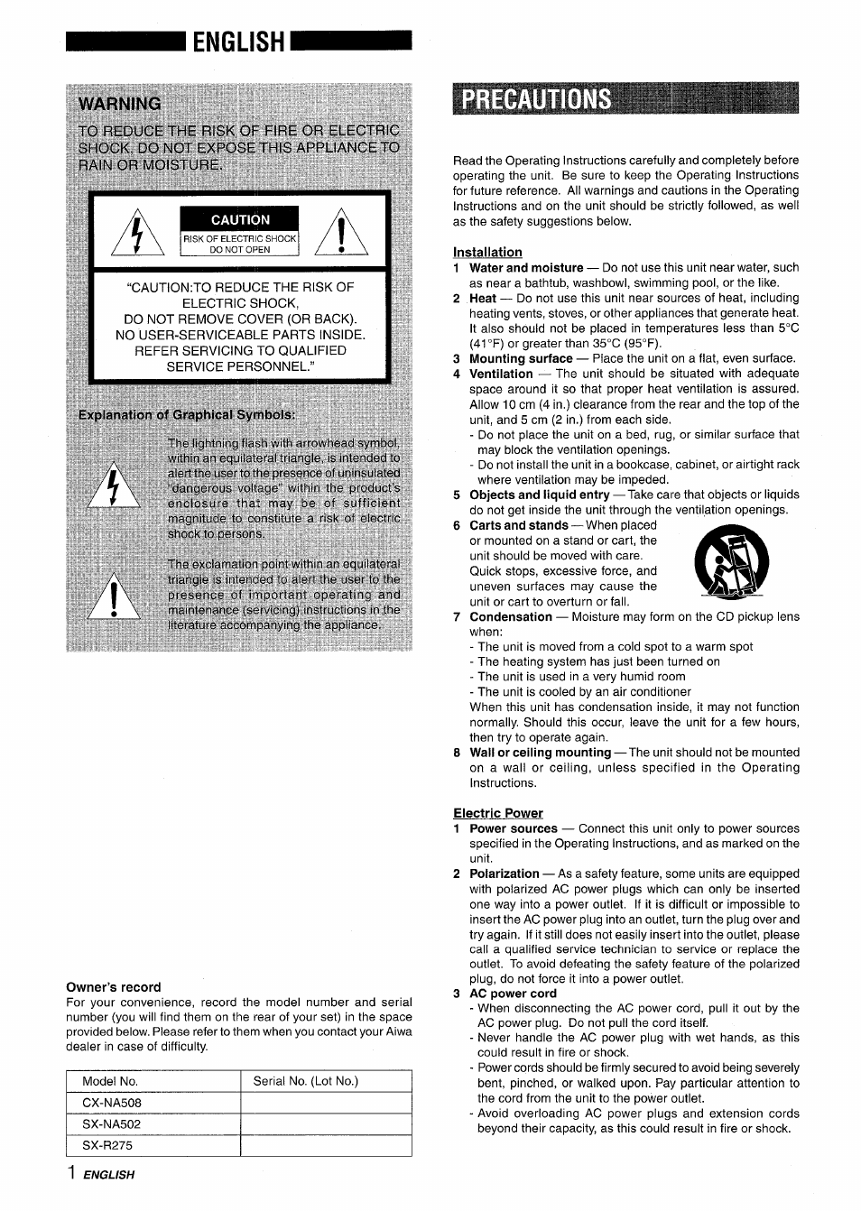 English, Warning, Precaution | Caution, Explfinntion of graphical sy nbols, Installation, Owner’s record, Electric power, 3 ac power cord | Aiwa NSX-A508 User Manual | Page 2 / 68