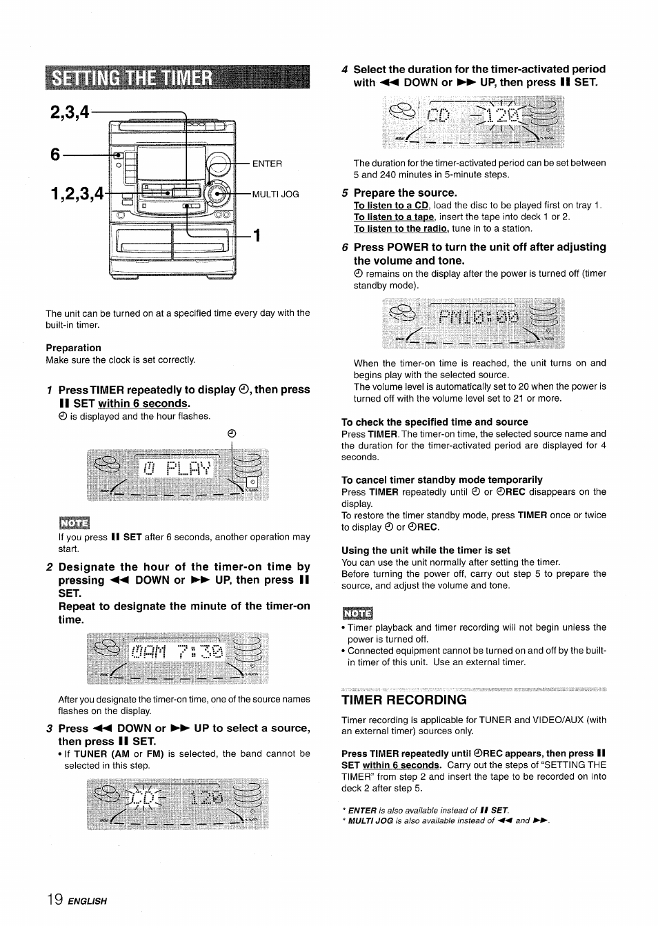 Preparation, To check the specified time and source, To cancel timer standby mode temporariiy | Using the unit while the timer is set, Timer recording, 0 pl, V r.v' _________ n | Aiwa NSX-A508 User Manual | Page 20 / 68