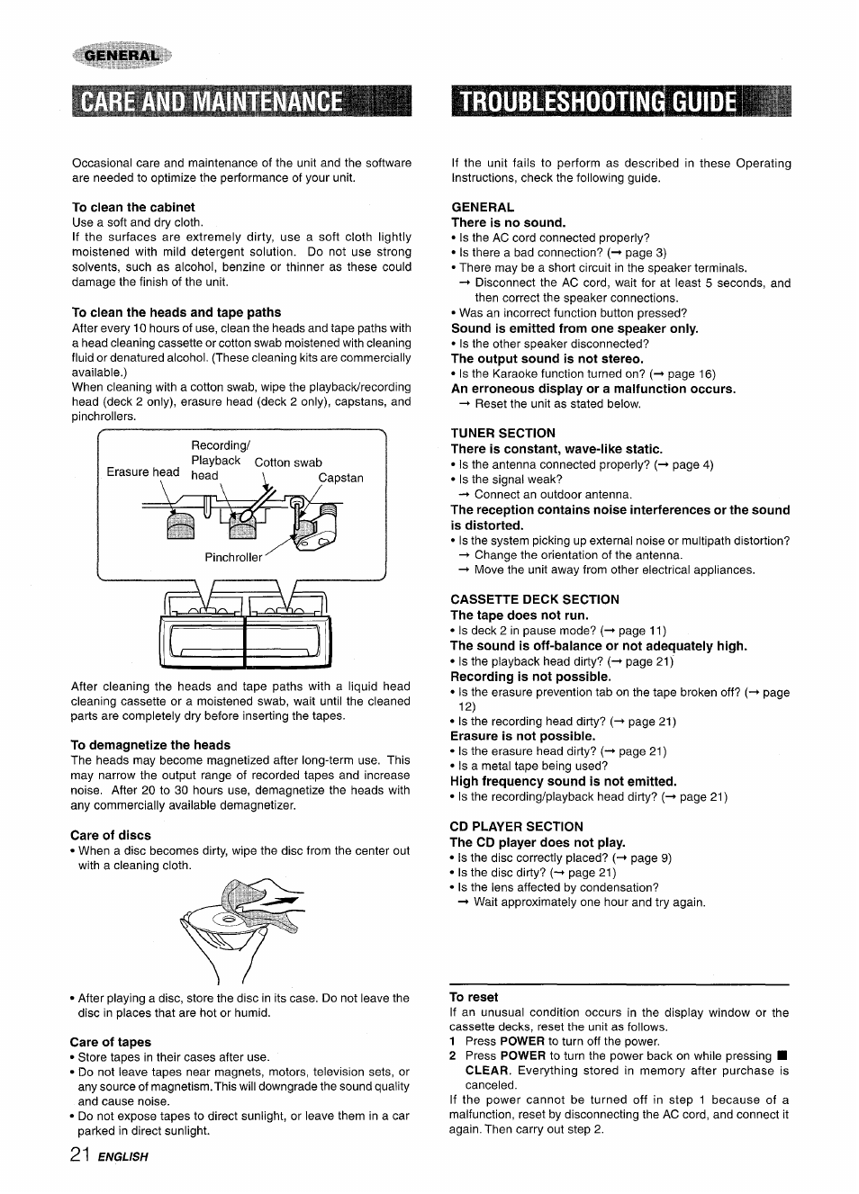 Maintenance, Troubleshooting guidë, To clean the cabinet | To clean the heads and tape paths, To demagnetize the heads, Care of discs, Care of tapes, General there is no sound, Tuner section, Cassette deck section the tape does not run | Aiwa NSX-A508 User Manual | Page 22 / 68