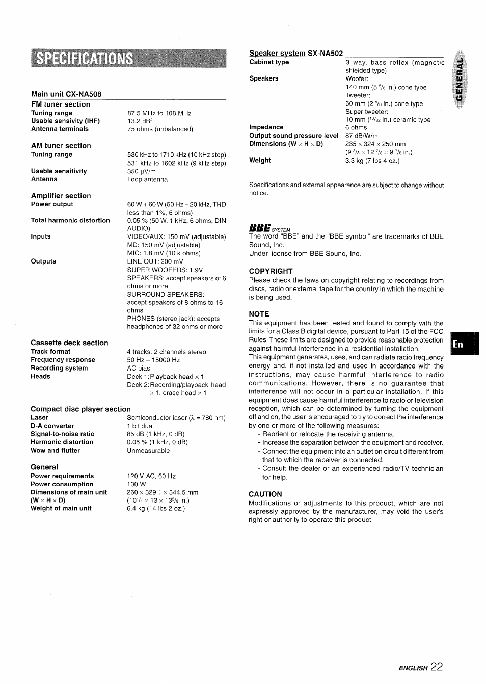 Speaker system sx-na502, Copyright, Note | Caution | Aiwa NSX-A508 User Manual | Page 23 / 68