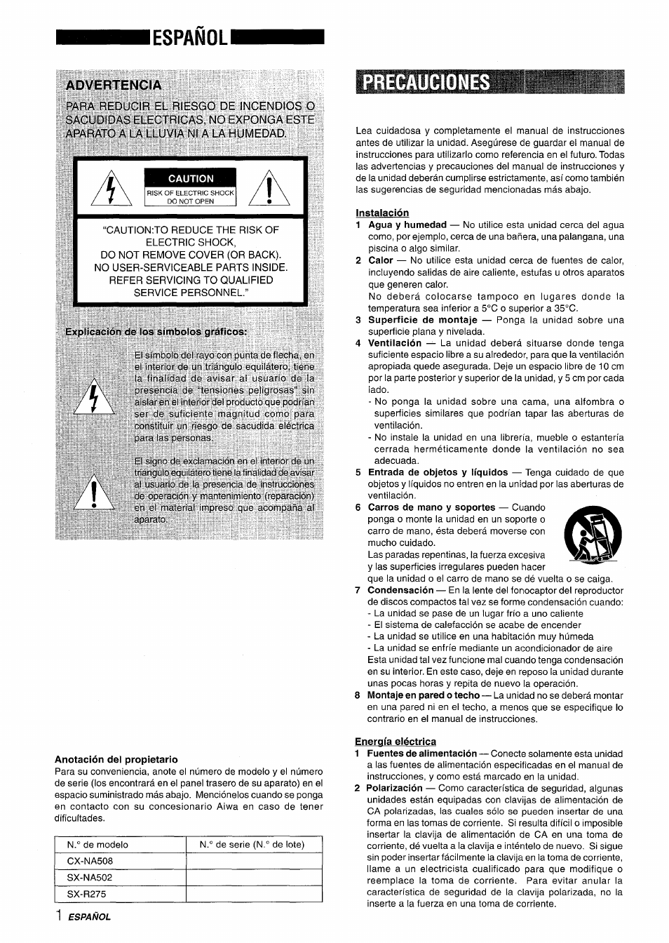 Lespanoli, Advertencia, Caution | Precauciones, Explicación de ios símboios gráficos, Instalación, Anotación del propietario, Energía eléctrica, Precautions | Aiwa NSX-A508 User Manual | Page 24 / 68