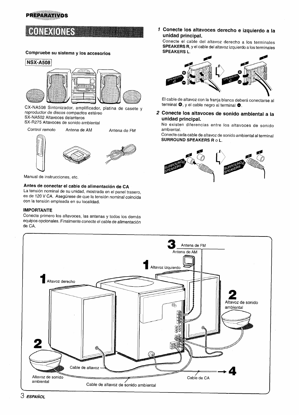Antes de conectar el cable de alimentación de ca, Importante, Lili | Aiwa NSX-A508 User Manual | Page 26 / 68