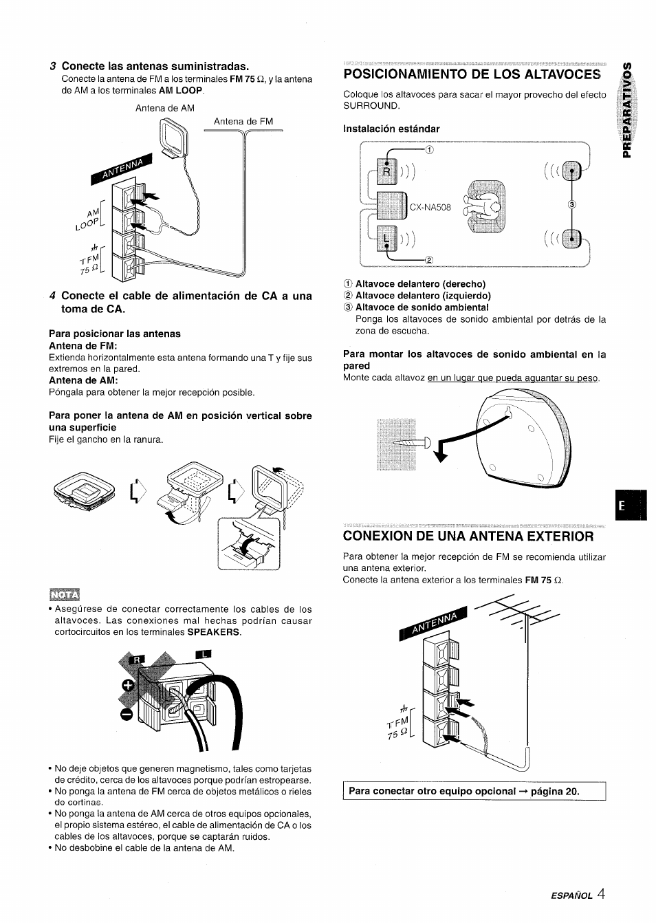 3 conecte las antenas suministradas, Para posicionar las antenas antena de fm, Posicionamiento de los altavoces | Instalación estándar, Altavoce delantero (derecho), Conexion de una antena exterior | Aiwa NSX-A508 User Manual | Page 27 / 68