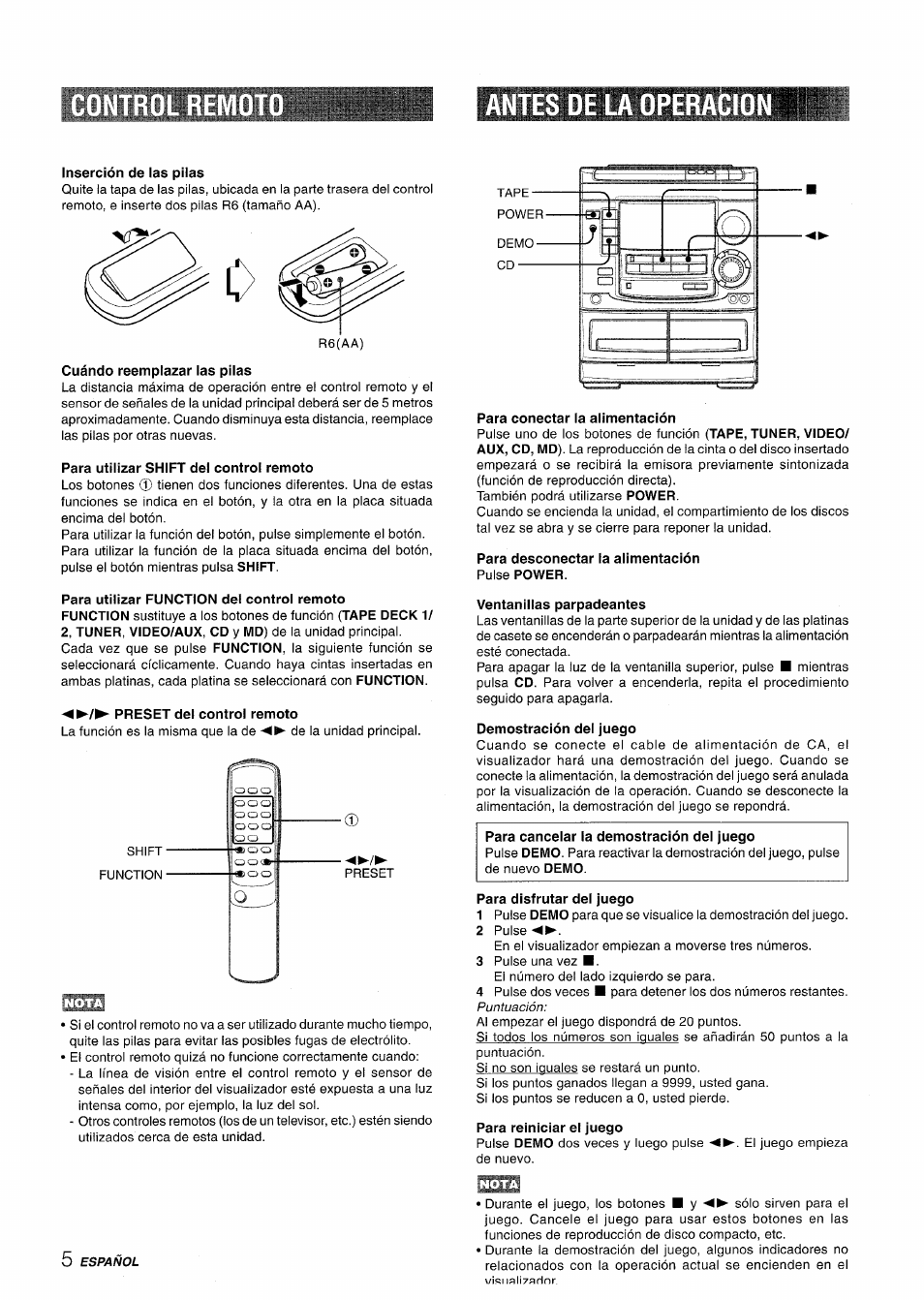 Antes de la operacion, Inserción de las pilas, Cuándo reemplazar las pilas | Para utilizar shift del control remoto, Preset del control remoto, Para conectar la alimentación, Para desconectar la alimentación pulse power, Ventaniiias parpadeantes, Demostración del juego, Para cancelar la demostración del juego | Aiwa NSX-A508 User Manual | Page 28 / 68