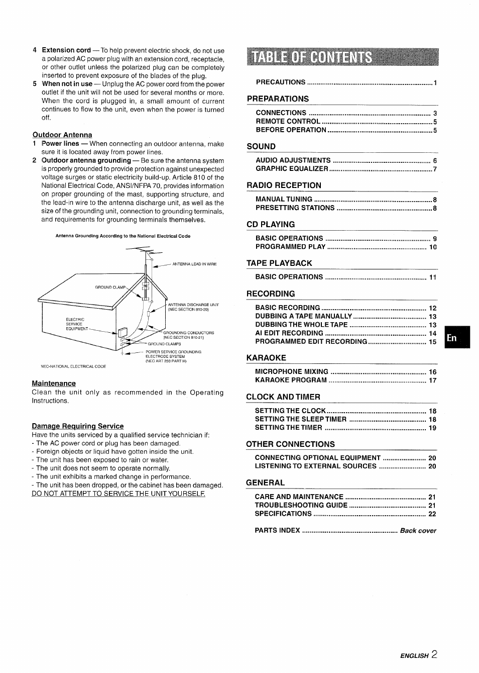 Outdoor antenna, Maintenance, Damage requiring service | Aiwa NSX-A508 User Manual | Page 3 / 68