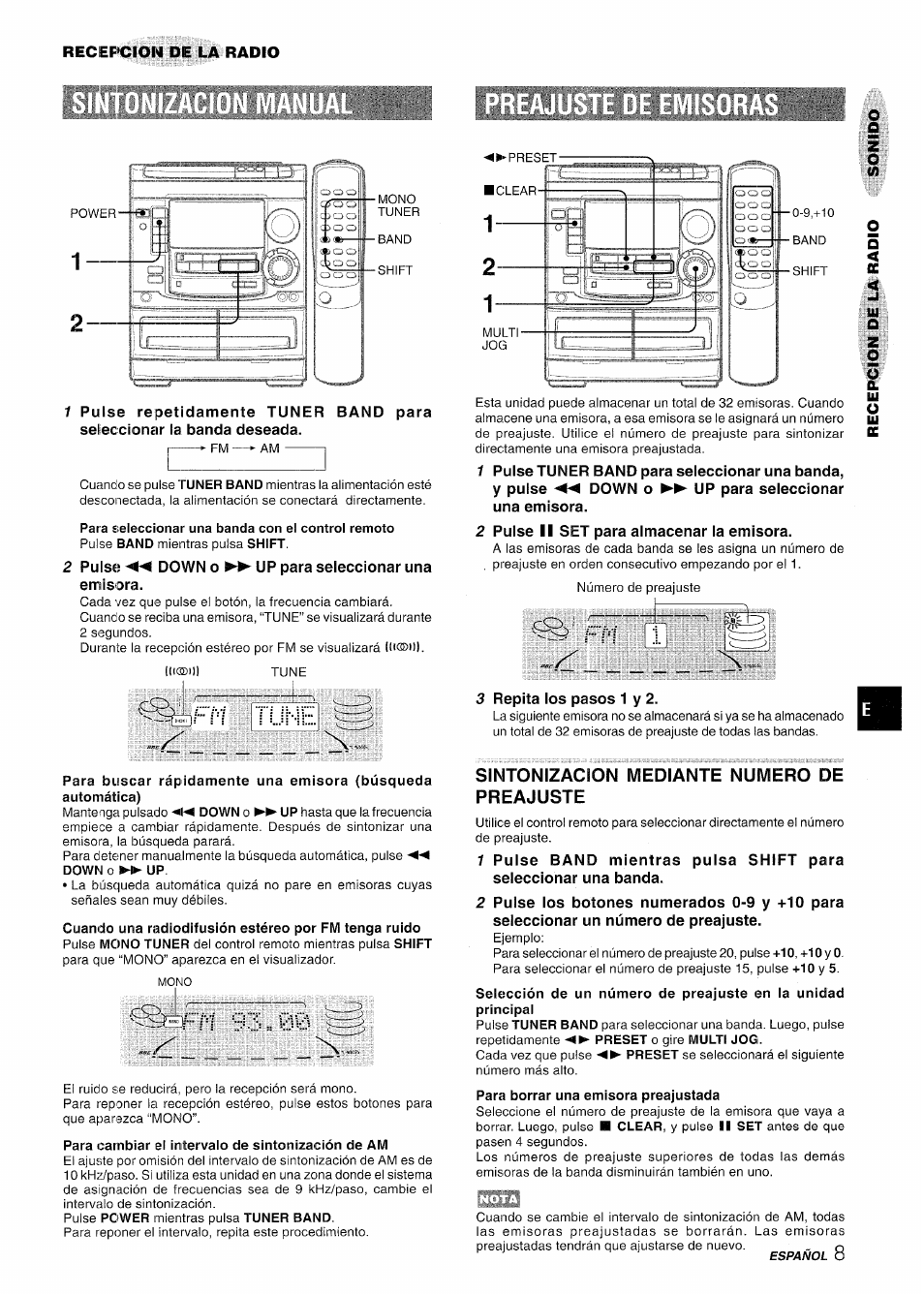 Para cambiar el intervalo de sintonización de am, 1 o w, Sintonizacion mediante numero de preajuste | F m 9z.... m, Ti...ii-e, Recef'cion de la radio | Aiwa NSX-A508 User Manual | Page 31 / 68