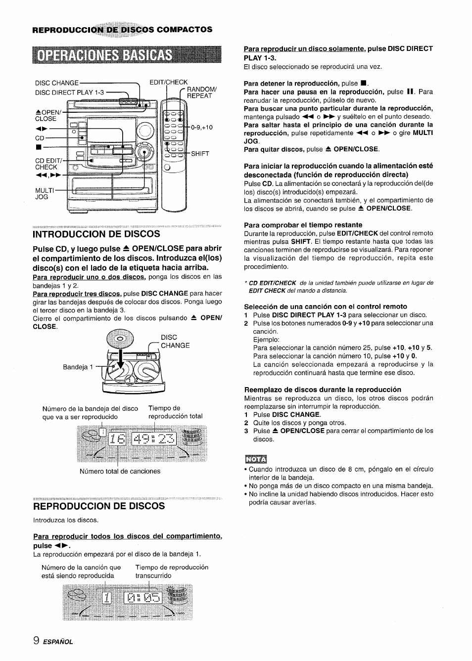 Introduccion de discos, Reproduccion de discos, Para detener la reproducción, pulse | Para comprobar el tiempo restante, Selección de una canción con ei control remoto, Reemplazo de discos durante la reproducción, 1 pulse disc change | Aiwa NSX-A508 User Manual | Page 32 / 68