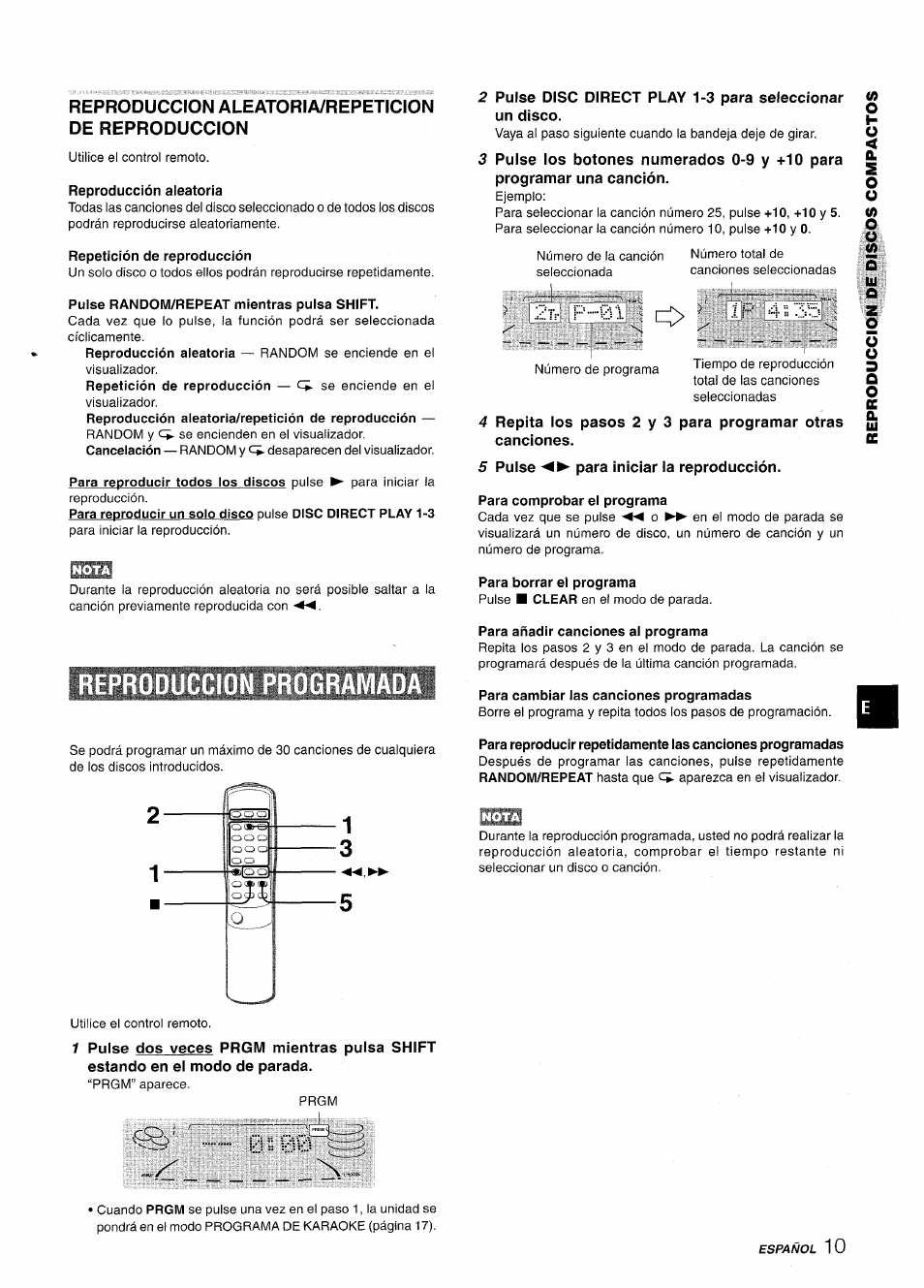Reproduccion aleatoria/repeticion de reproduccion, Reproducción aleatoria, Repetición de reproducción | Pulse random/repeat mientras pulsa shift, Reproduccion programada, 5 pulse para iniciar la reproducción, Para comprobar el programa, Para borrar el programa, Para añadir canciones al programa, Para cambiar las canciones programadas | Aiwa NSX-A508 User Manual | Page 33 / 68