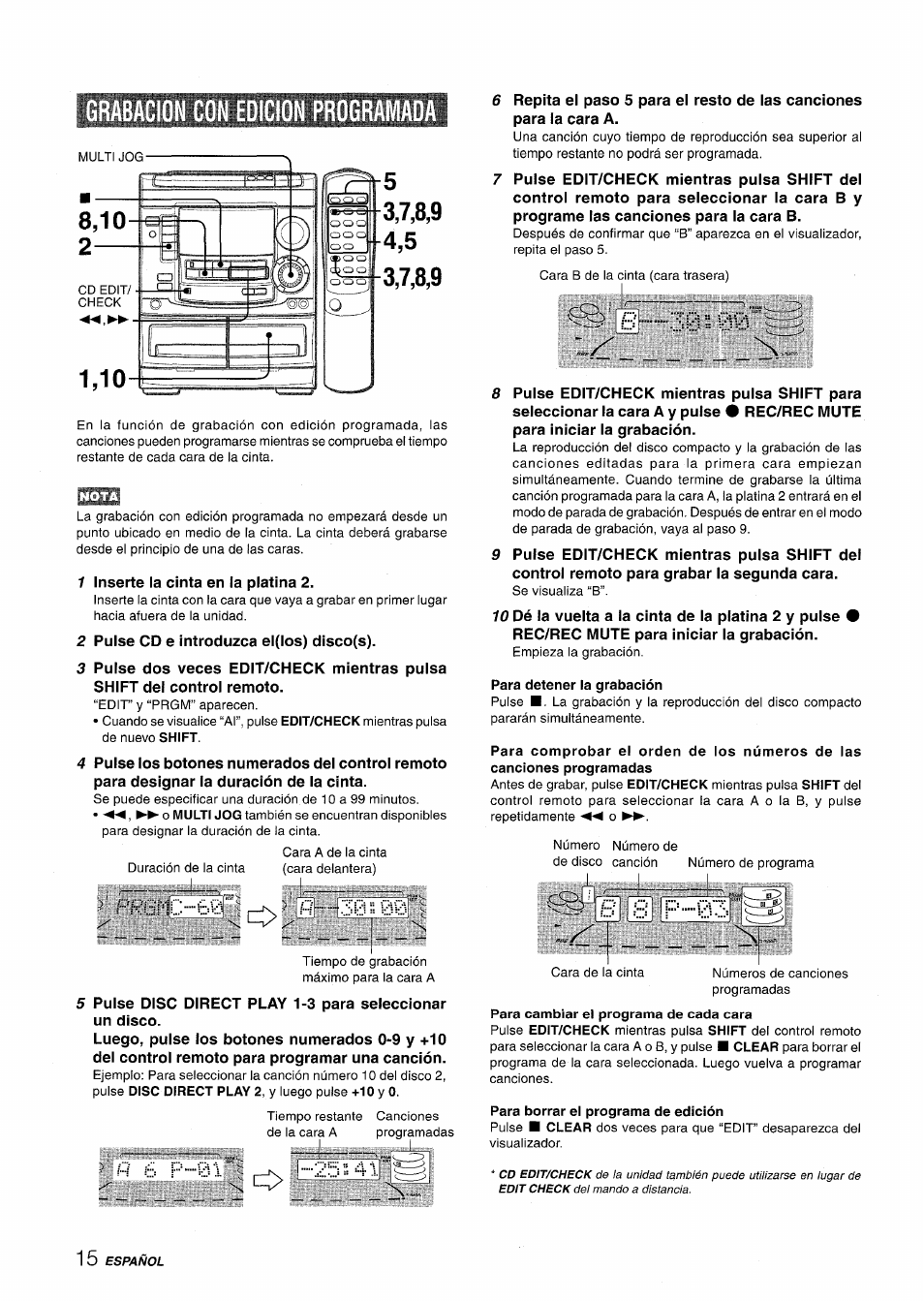 Para detener la grabación, Para borrar el programa de edición, Grabacion con eoicion programada | I; 00 | Aiwa NSX-A508 User Manual | Page 38 / 68