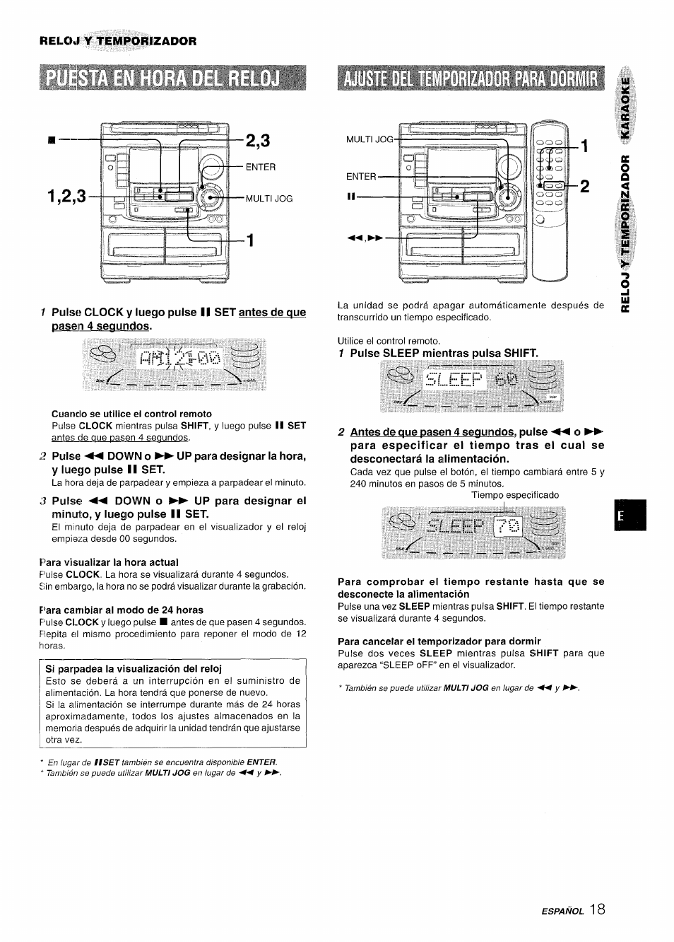 Cuando se utilice el control remoto, Para visualizar la hora actual, Para cambiar al modo de 24 horas | Bí...eef= es, Sleep 7s ■ x n, Para cancelar el temporizador para dormir, Sleep | Aiwa NSX-A508 User Manual | Page 41 / 68