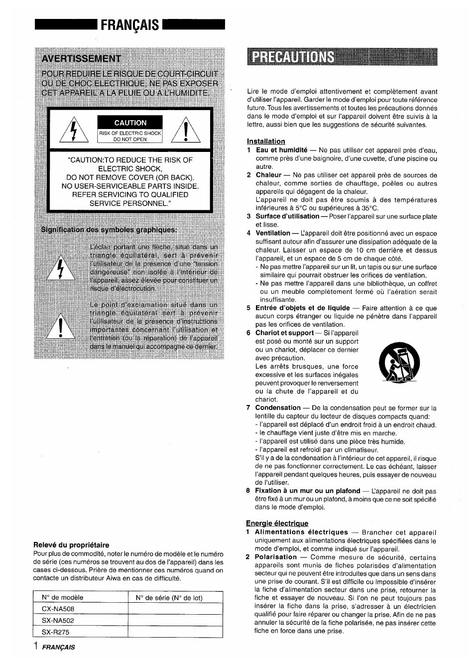 Français, Avertissement, Caution | Signification des symboics graphiques, Relevé du propriétaire, Installation, Energie électrique | Aiwa NSX-A508 User Manual | Page 46 / 68