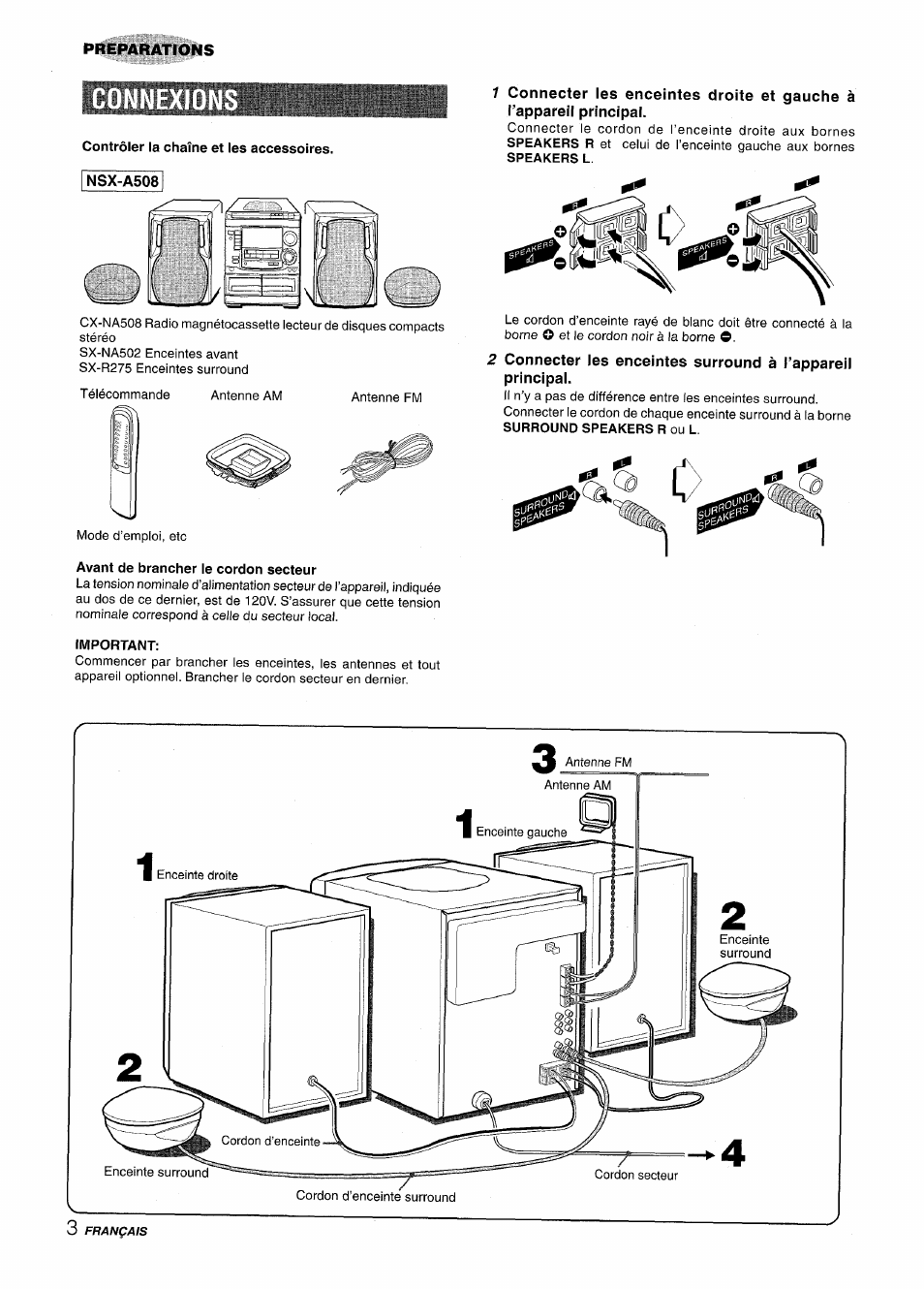 Contrôler la chaîne et les accessoires, Avant de brancher le cordon secteur, Important | Aiwa NSX-A508 User Manual | Page 48 / 68