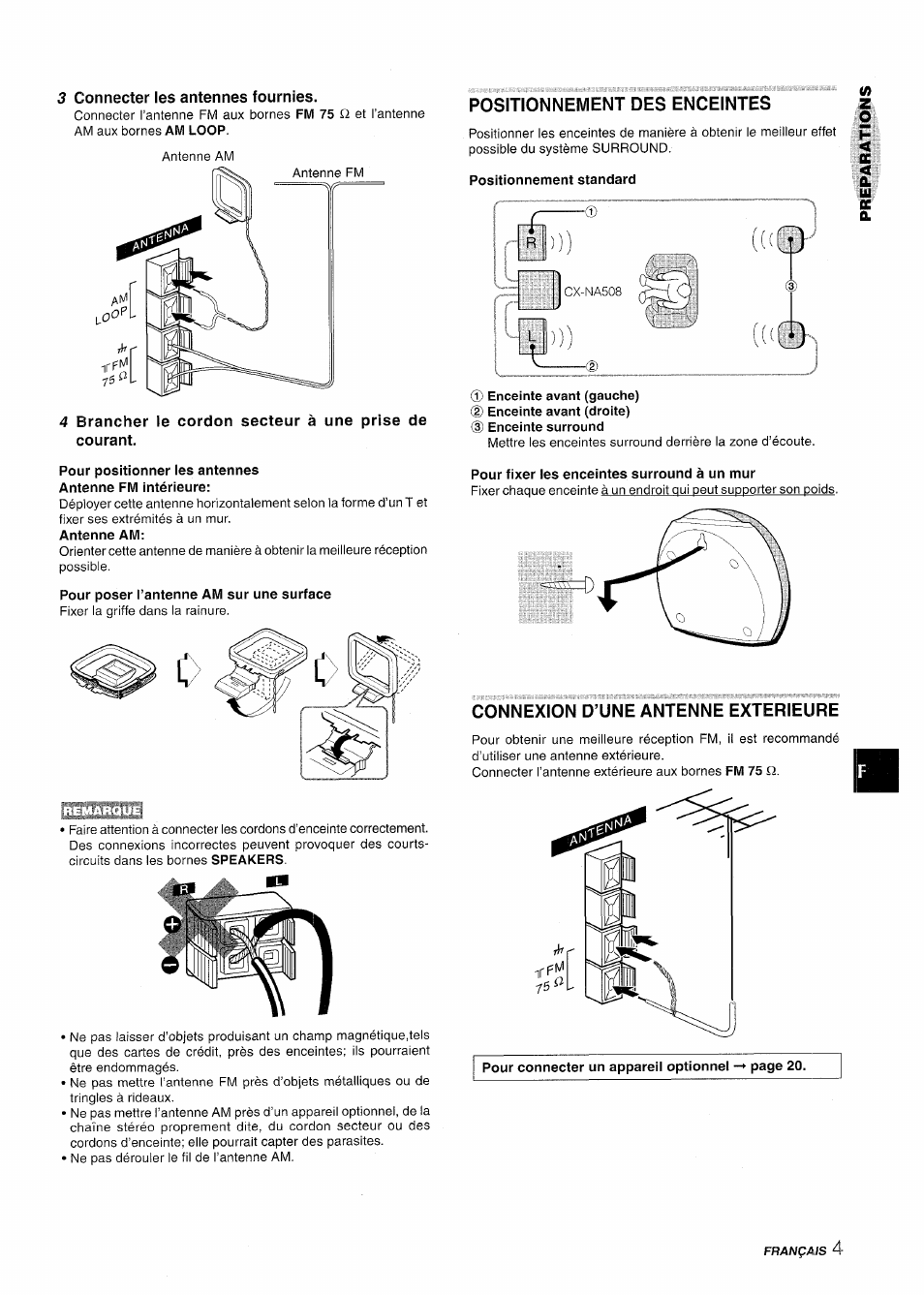 3 connecter les antennes fournies, Pour poser l’antenne am sur une surface, Positionnement des enceintes | Positionnement standard, Enceinte avant (gauche), Pour fixer les enceintes surround à un mur, Connexion d’une antenne exterieure, Îiux) | Aiwa NSX-A508 User Manual | Page 49 / 68