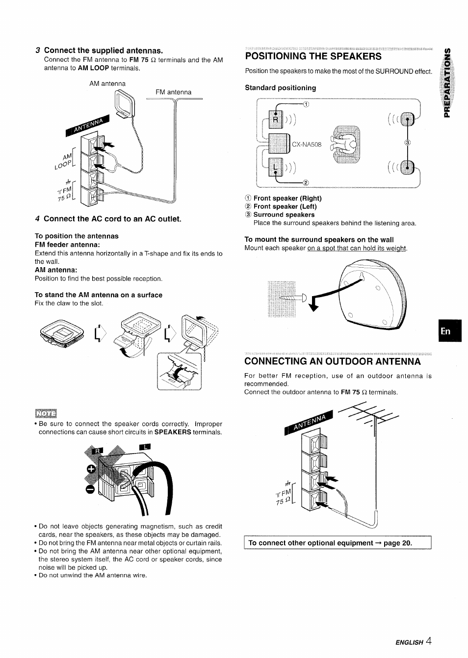 3 connect the supplied antennas, 4 connect the ac cord to an ac outlet, To position the antennas fm feeder antenna | To stand the am antenna on a surface, Positioning the speakers, Front speaker (right), To mount the surround speakers on the waii, Connecting an outdoor antenna | Aiwa NSX-A508 User Manual | Page 5 / 68