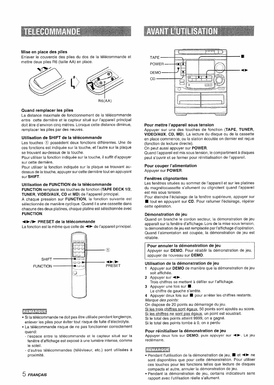 Mise en place des piles, Quand remplacer les piles, Utilisation de shift de la télécommande | Preset de la télécommande, Pour mettre l’appareil sous tension, Pour couper i’alimentation, Fenêtres clignotantes, Démonstration de jeu, Utilisation de la démonstration de jeu, Pour réinitialiser la démonstration de jjeu | Aiwa NSX-A508 User Manual | Page 50 / 68