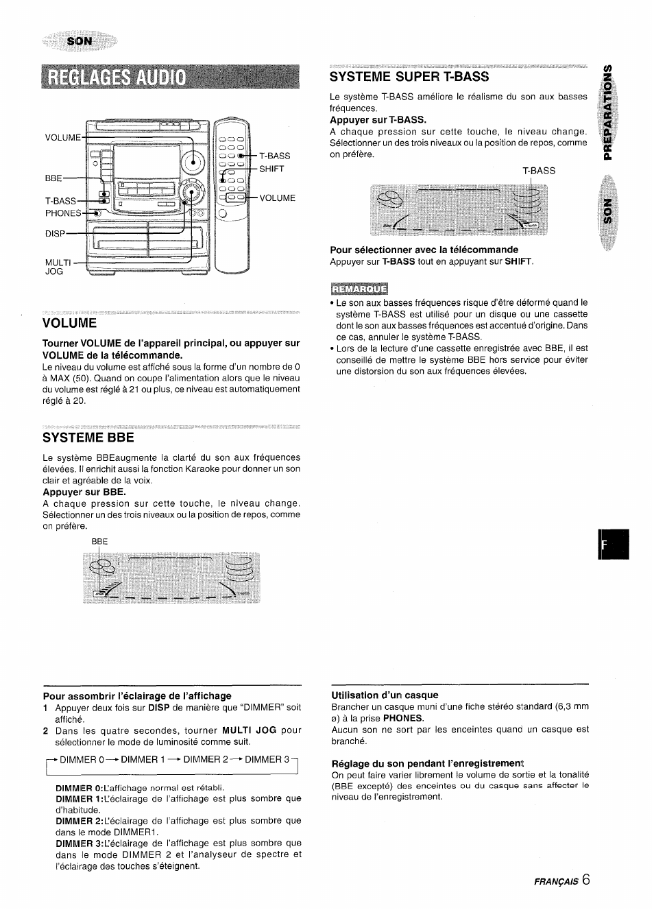 Volume, Systeme super t-bass, Pour sélectionner avec la télécommande | Systeme bbe, Pour assombrir l’éclairage de l’affichage, Utilisation d’un casque, Réglage du son pendant l’enregistrement | Aiwa NSX-A508 User Manual | Page 51 / 68