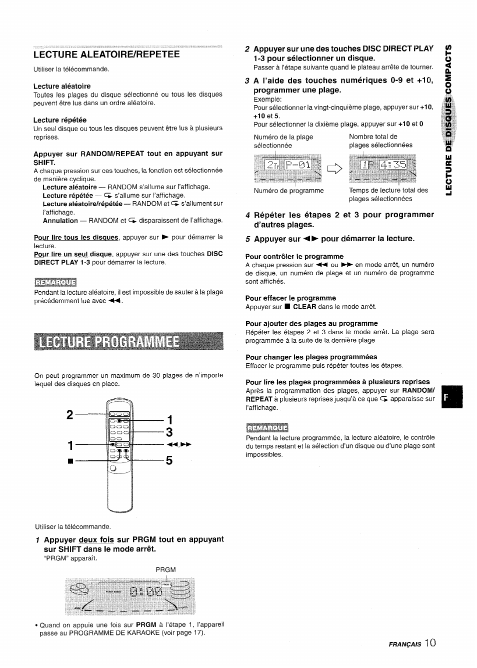 Lecture aleatoire/repetee, Lecture aléatoire, Lecture répétée | 5 appuyer sur pour démarrer la lecture, Pour contrôler le programme, Pour effacer le programme, Pour ajouter des plages au programme, Pour changer les plages programmées | Aiwa NSX-A508 User Manual | Page 55 / 68