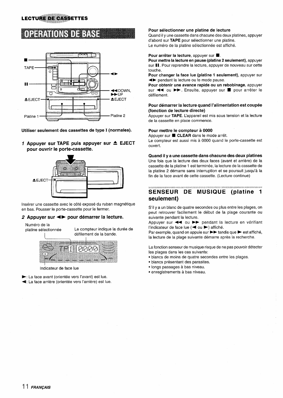 Operations de base, 2 appuyer sur pour démarrer la lecture, Pour sélectionner une piatine de iecture | Pour mettre le compteur à 0000, Senseur de musique (platine 1 seuiement) | Aiwa NSX-A508 User Manual | Page 56 / 68