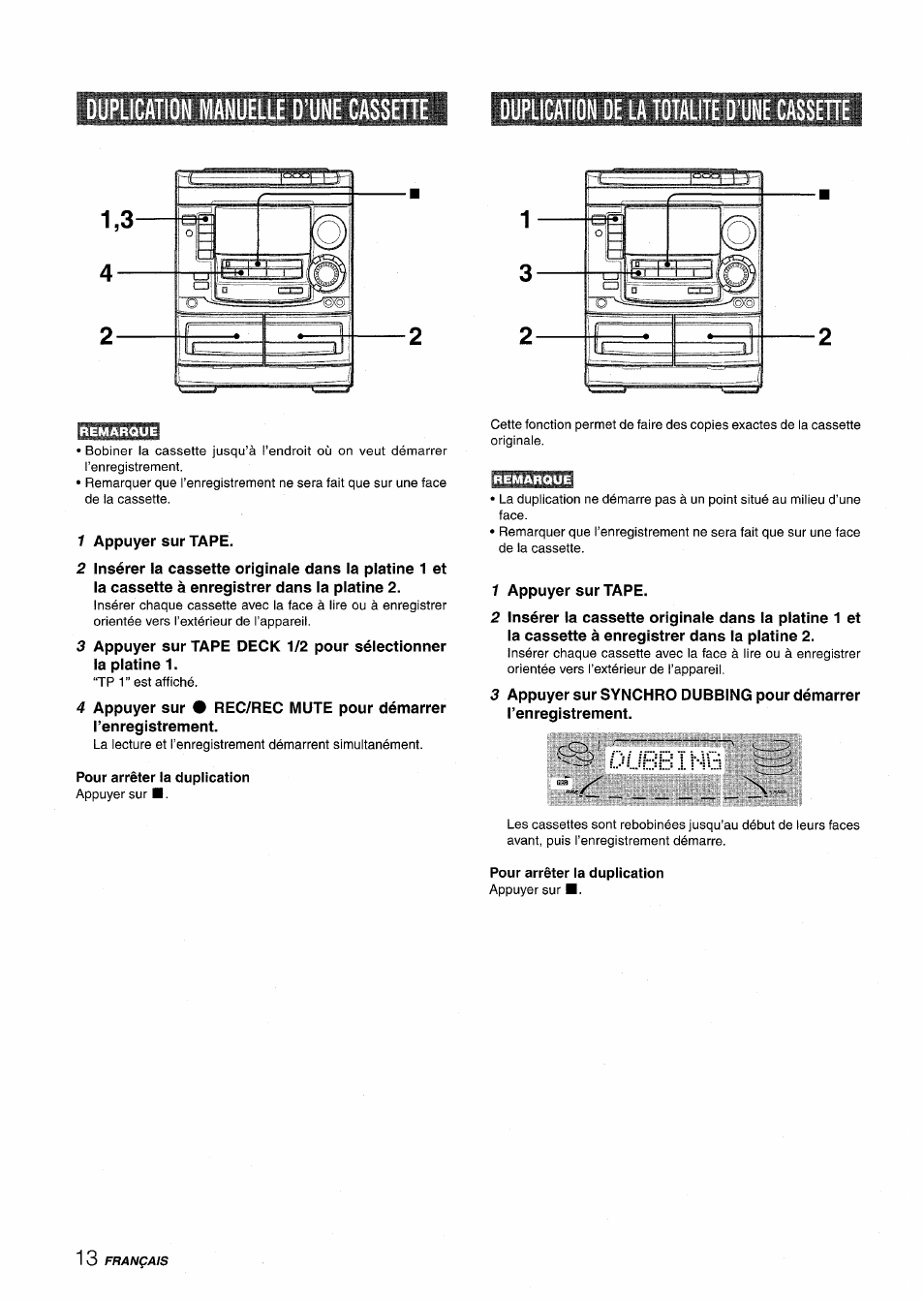 Pour arrêter la duplication, Dübbing | Aiwa NSX-A508 User Manual | Page 58 / 68