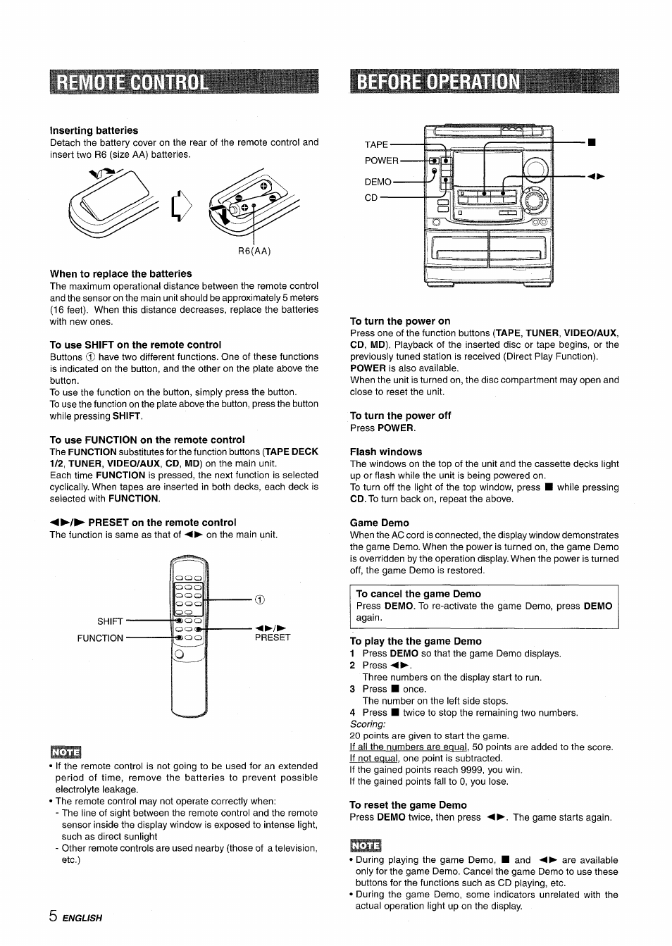 Before operatto, Inserting batteries, When to replace the batteries | To use shift on the remote control, To use function on the remote control, To turn the power on, To turn the power off press power, Flash windows, Preset on the remote control, Game demo | Aiwa NSX-A508 User Manual | Page 6 / 68
