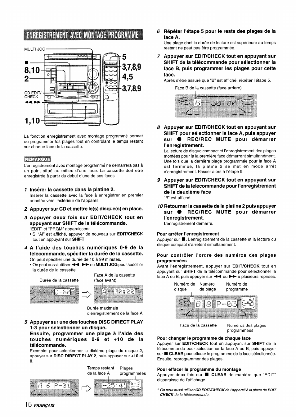 Pour arrêter l’enregistrement, Pour changer le programme de chaque face, Pour effacer le programme du montage | Enregistrement avec montage programme, R-.... ;; p\v4, W h h ip............ \43, R ;; 4 | Aiwa NSX-A508 User Manual | Page 60 / 68