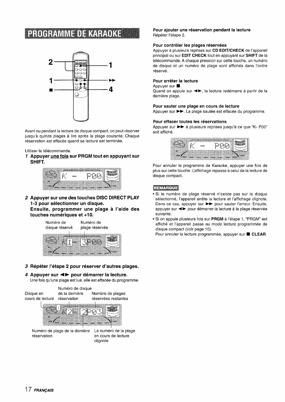 Programme de kara, 3 répéter l’étape 2 pour réserver d’autres plages, 4 appuyer sur -4^ pour démarrer la lecture | Pour ajouter une réservation pendant la lecture, Pour contrôler les plages réservées, Pour arrêter la lecture, Pour sauter une plage en cours de lecture, Pour effacer toutes les réservations, Programmed play | Aiwa NSX-A508 User Manual | Page 62 / 68