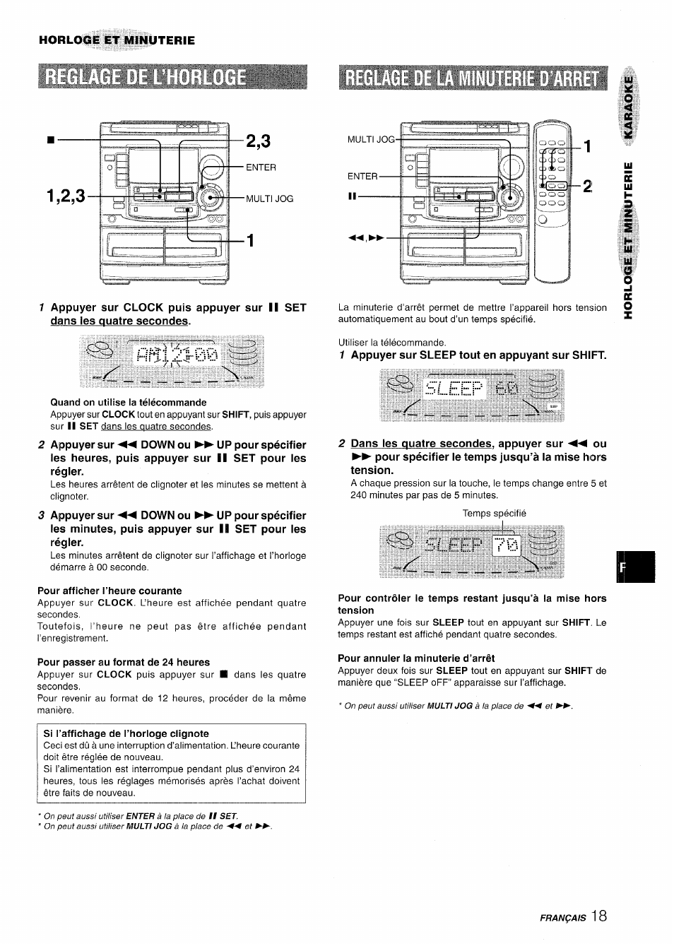 Quand on utilise la télécommande, Pour afficher l’heure courante, Pour passer au format de 24 heures | Si l’affichage de l’horloge clignote, Sleep, Pour annuler la minuterie d’arrêt, Mh;i.2i;00, Sleep m | Aiwa NSX-A508 User Manual | Page 63 / 68