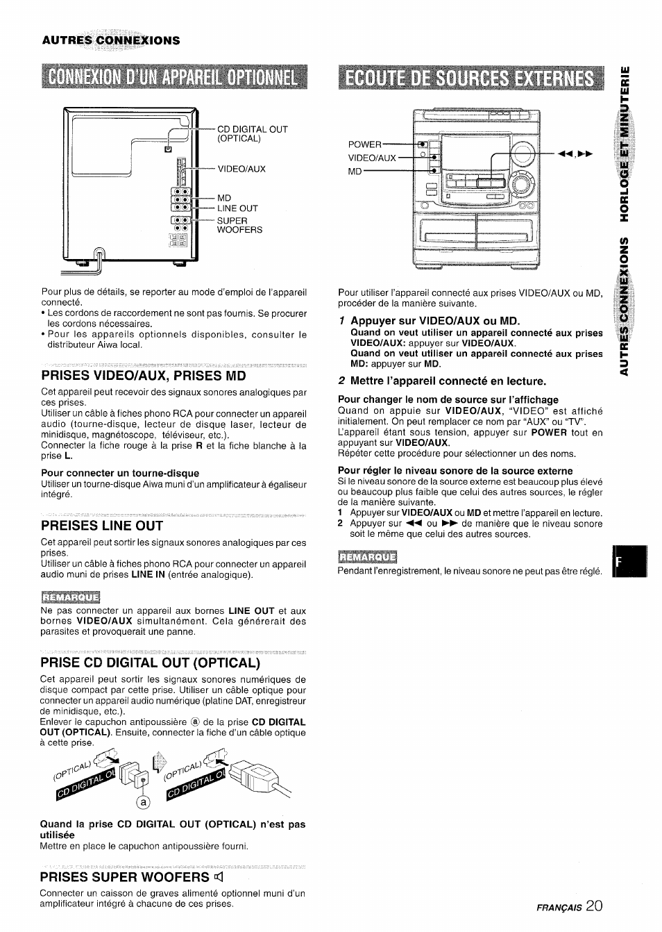 Prises video/aux, prises md, Preises line out, 1 appuyer sur video/aux ou md | 2 mettre l’appareil connecté en lecture, Prise cd digital out (optical), Prises super woofers | Aiwa NSX-A508 User Manual | Page 65 / 68