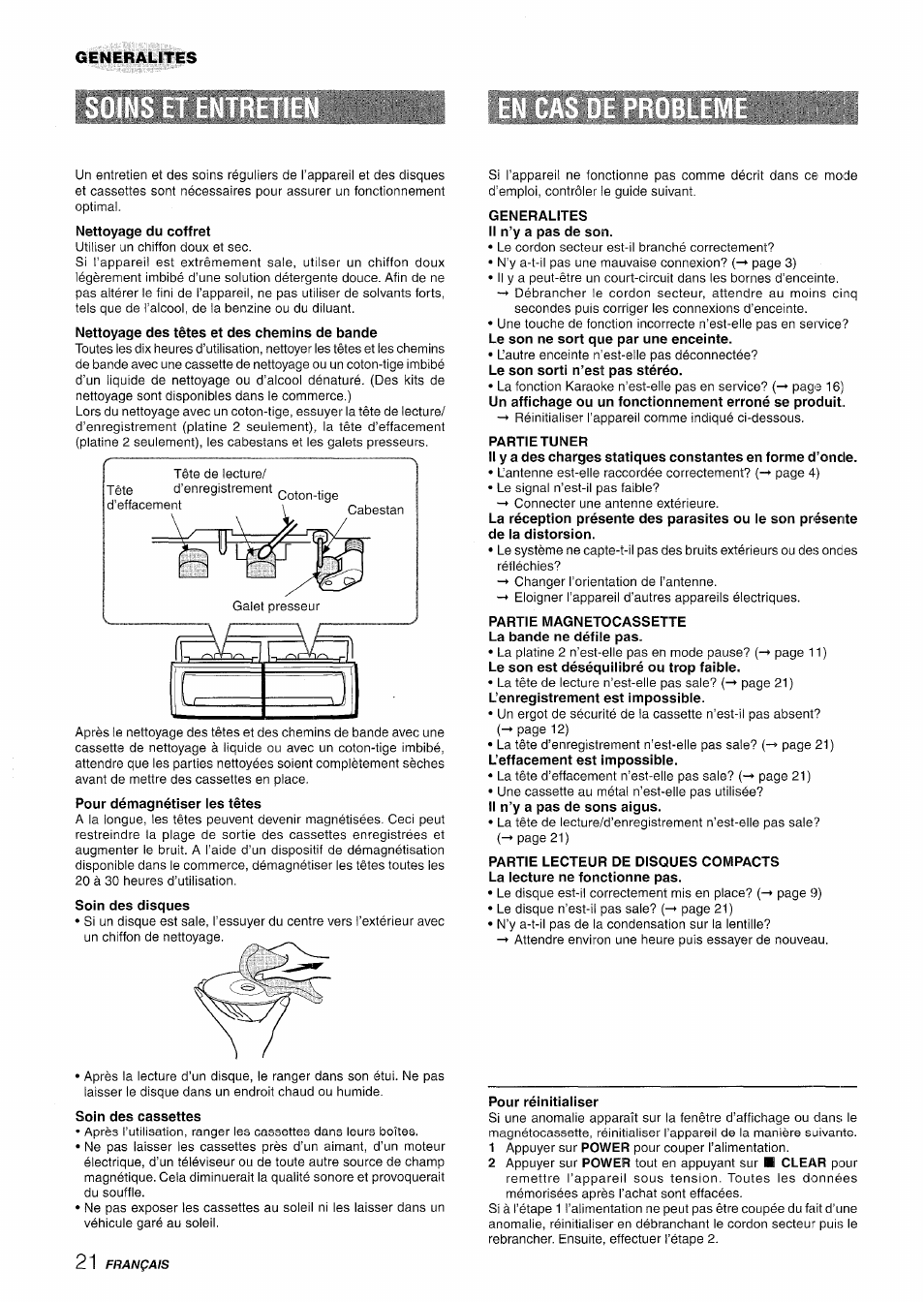 Soin des cassettes, Generalites il n’y a pas de son, Partie tuner | Partie magnetocassette la bande ne défile pas, Pour réinitialiser | Aiwa NSX-A508 User Manual | Page 66 / 68