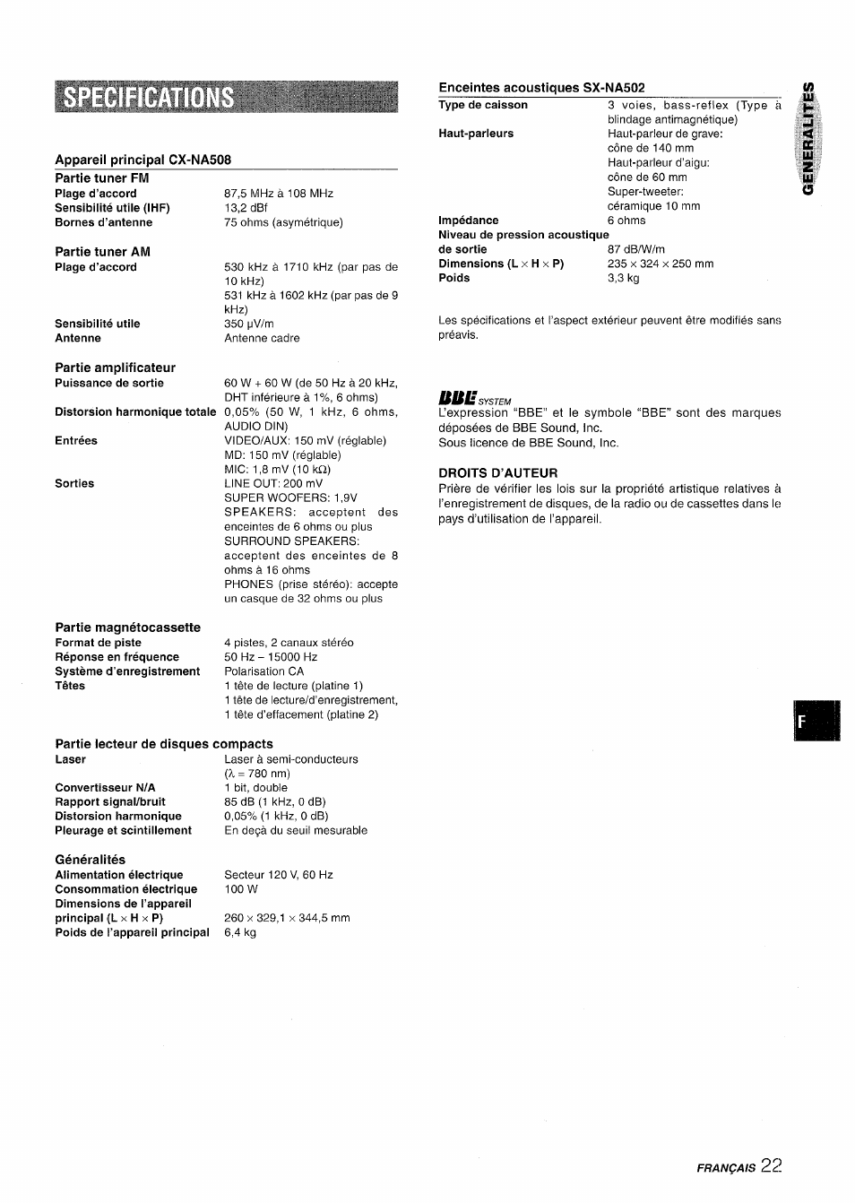 Enceintes acoustiques sx-na502, Appareii principal cx-na508, Partie tuner am | Partie amplificateur, Droits d’auteur, Partie lecteur de disques compacts | Aiwa NSX-A508 User Manual | Page 67 / 68