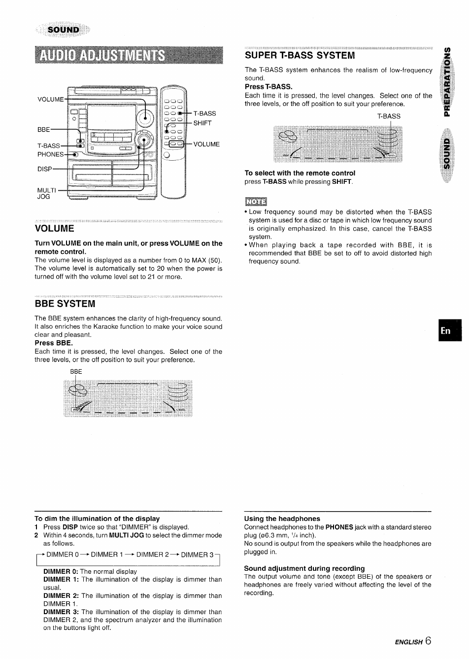 Volume, Super t-bass system, Bbe system | To dim the illumination of the display, Using the headphones, Sound adjustment during recording | Aiwa NSX-A508 User Manual | Page 7 / 68